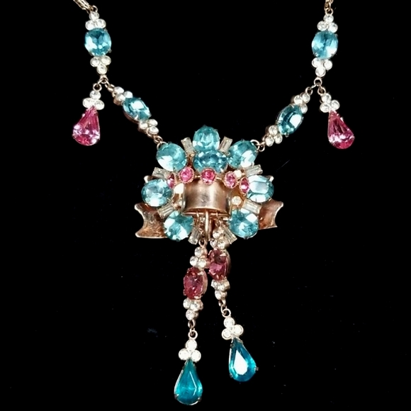 Vintage 1920s Art Deco Couture Rose Gold Aquamarine Crystal Fringe Necklace - Picture 5 of 12